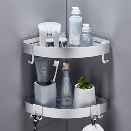 FIISAYL Shower Shelf No Drilling Shower Shelf Corner Bathroom Organiser Bathroom Shelf Shower Basket Shower Corner Shelf with 4 Hooks Space Aluminium Wall Mounting Silver, Pack of 2