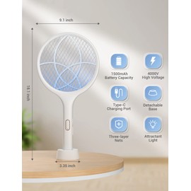 Electric Fly Swatter Indoor Dual Modes 4000V Bug Zapper Mosquito Killer with Purple Mosquito Light Rechargeable Mosquito Fly Zapper Racket for Home Office Backyard Patio Camping