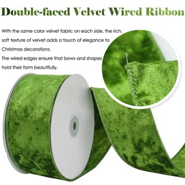 HUIHUANG Moss Green Velvet Wired Ribbon 2.5 inch Double Face Crushed Velvet Christmas Ribbon for Tree Decorations, Garlands, Wreaths, Gift Wrapping, Bows Crafts-Continuous 10 Yards