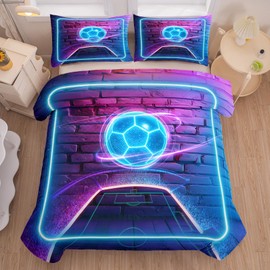 MWMWMW Football Bedding Set Twin for Boys Kids(68x86 Inch), 3D Printed Soccer Comforter for Boys Teens, Blue Glitter Sport Soccer Bedding, 2 Pieces Soft Microfiber Comforter Set with Pillowcase