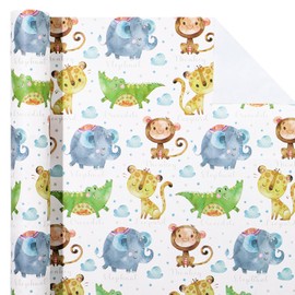 WRAPAHOLIC Kraft Animal Wrapping Paper Roll - Mini Roll - 17 Inch x 16.5 Feet - Cute Monkey, Elephant, Dinosaur Design Perfect for Baby Shower, Kids Girls Boys Birthday