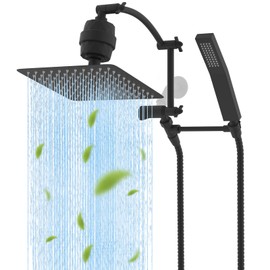 Hibbent All Metal 10'' Filtered Rainfall Shower Head with Handheld Combo, High Pressure Shower Wand, 16'' Adjustable Extension Arm, 20 Stage Shower Filter, 71'' Hose, Shower Holder, Matte Black