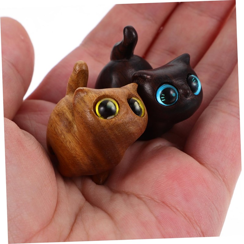 ORFOFE 2Pcs Cat Figurine Natural Sandalwood Carved Cat Statues for