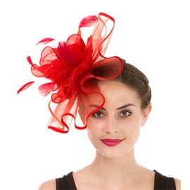 Fascinator Women's Organza Church Kentucky Derby British Bridal Tea Party Wedding Hat Summer Ruffles Cap(Hj2-Red)