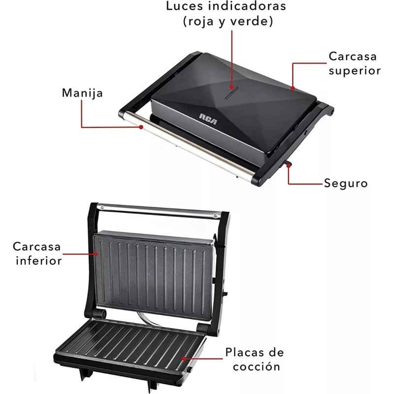 Rca Parrilla Panini Placas Antiadherentes Rc-122g Color Negro