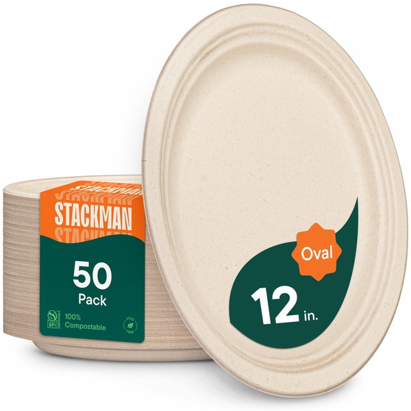 100% Compostable Oval Paper Plates [50-Pack] - {PFAS-Free} - {BPI