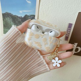 MINSCOSE Compatible with AirPods Pro2 Clear Case,Cute Flower Floral Aesthetic Design with Flowers Keychain, Soft TPU Protective Shockproof Case for Women Girl for Airpods Pro2-Yellow