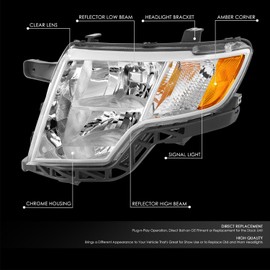 DNA MOTORING Headlight Assembly Compatible With Ford Edge 2007-2010, Halogen, Chrome Housing, Driver Side (Left), OEM-HL-0257-L