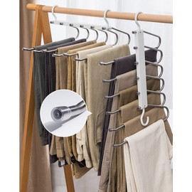 NatureMan Trouser Hangers, 2 Pack Stainless Steel 6 Layers Space Saving Non-Slip Wardrobe Organizer Multifunctional Cascading Hangers for Skirts Jeans Scarves Ties Leggings