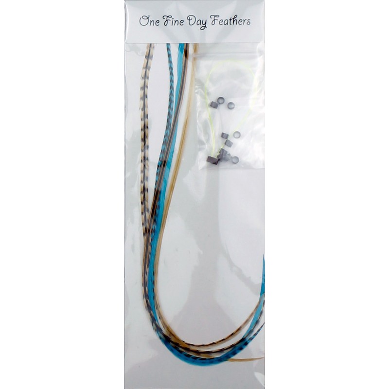 Real Feather Hair Extensions 5 Pack + Rings/Loop (Aqua Auburn)