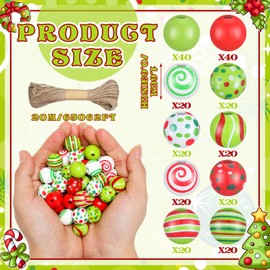 Vercraft 240 Pcs Christmas Wooden Beads with Jute Twine Red Green Round Craft Beads 10 Styles Wood Christmas Spacer Beads for Xmas DIY Craft Garland Decoration Jewelry Making