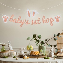 Baby's 1st Hop Banner, Welcome Spring Baby, Easter Baby Shower Decoration, Easter Banner for Baby's Birthday, Bunny Theme Baby 1st Birthday Party Decorations Rose Gold Glitter