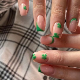 St. Patrick's Day Press on Nails Shamrock Green French Tip Fake Nails Medium Square Reusable Stick on Nails Glue on Nails Lucky Patrick’s Day Acrylic Artificial Nails False Nails for Women 24Pcs