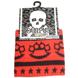 Knit Black Brass Knuckles & Stars on Red Wristbands from Sourpuss Clothing (Set of 2)