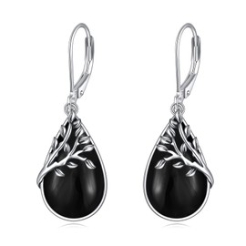 AXELUNA Tree of Life Earrings Sterling Silver Teardrop Obsidian Dangle Leverback Earringgs Gifts for Women