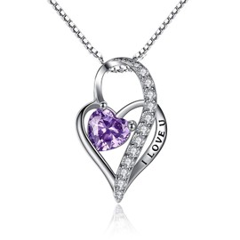 Sterling Silver I Love You Engraved Double Love Heart Purple Pendant Necklace, 18''