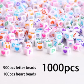 HERZWILD 1000pcs Letter Beads and Heart Beads Acrylic Alphabet Letter Cube Beads Square Loose A-Z Beads for Beading Making Art Craft Weaving DIY Bracelets (Color-White)