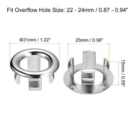 uxcell Sink Trim Overflow Cover, 4Pcs Sink Overflow Rings 25mm Bathroom Kitchen Basin Drain Cover Hole Insert in Round Caps, Silver