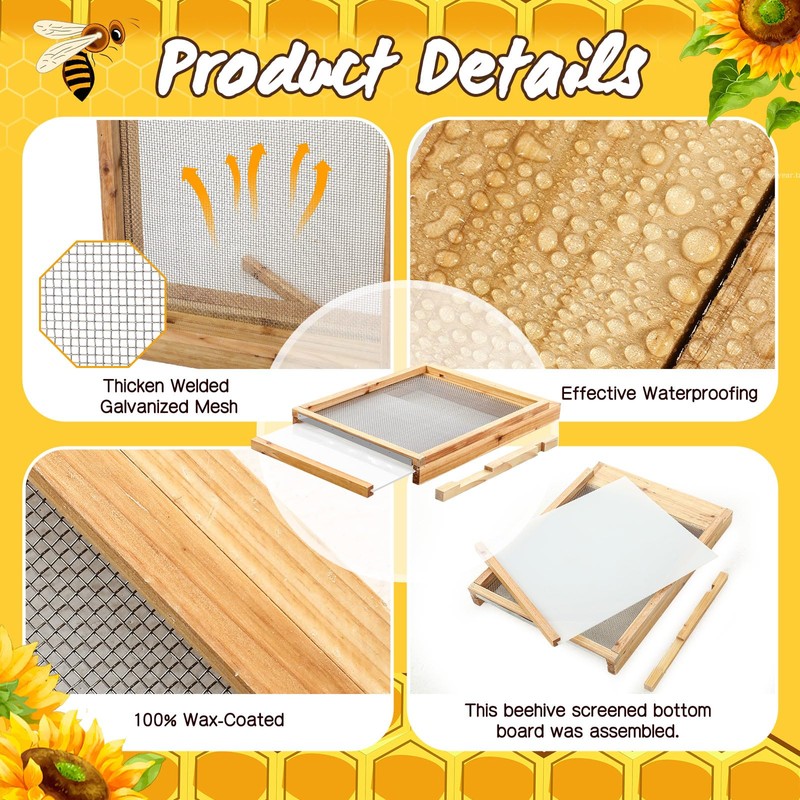 DoubleFill 3 Pcs 10 Frame Beehive Screened Bottom Board Dipped