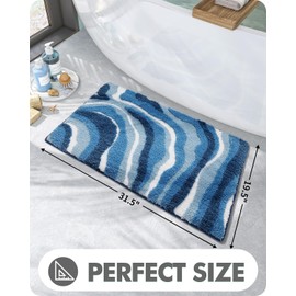 LUMI Blue Bath Mats,Soft and Absorbent Bathroom Rugs,Non-Slip Backing, Machine Washable,Ideal for Bathroom, Kitchen and Entryway Decor,Coastal Beach Ocean Marine Bath Decor,19.5"x31.5", Wave