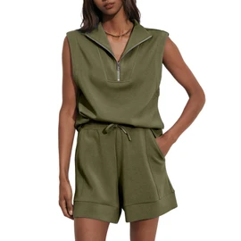 Glamaker Women's Two Piece Short Sets Summer Lounge Sweatsuits Air Essentials Sleeveless Outfits Travel Tracksuit, Olive Green, Small