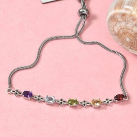 SHOP LC DELIVERING JOY Stainless Steel Bolo Multi Gemstone Platinum Adjustable November Birthstone Bracelet Anniversary Christmas Birthday Unique Christmas Gifts for Women