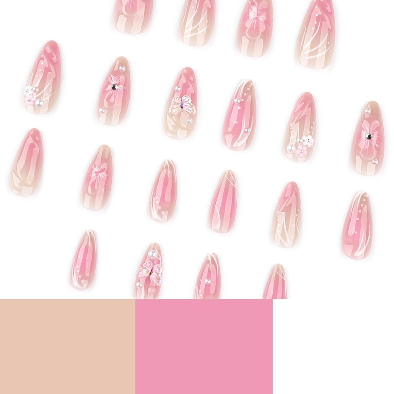 24 Pcs Pink Press on Nails Short Almond Nail Tips,YEFIUO