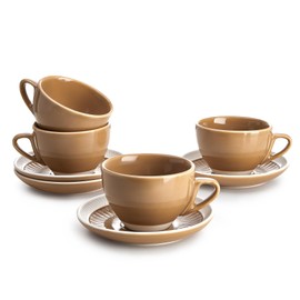 Sweese 6 Ounce Cappuccino Cups with Saucers, Porcelain Double Espresso Cups Set of 4 - Yellow