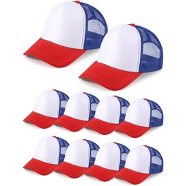 10 Pcs Sublimation Blank Trucker Hats Bulk Mesh Baseball Cap Polyester Mesh Trucker Hat for Men and Women (Red Blue White)