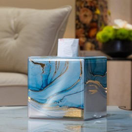 Timetrace Glass Tissue Box Cover Square-Marble Pattern Decorative Tissue Holder with Velvet Lining for Home Decor, Bedroom, Kitchen, Office (Blue & Gold)
