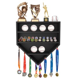 Baseball Holder Display Case Wooden Championship Ring Display Case Wall Mounted for Balls, Rings, Medals, Trophies Black