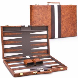 AMEROUS Backgammon Set, 18 Inches Classic Board Game withLeather Case, Folding Board, Gift Package, Portable Travel Strategy Backgammon Game Set for Adults, Kids (Large, Brown)