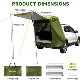 SUV Tailgate Tent,KOMCLUB Car Camping Tent with Awning Shade Waterproof Roof Canopy Green Hatchback Car Tent for Outdoor Travel Preferred,Universal Fit Most SUV,Tarp Poles+Tent Stakes+Reflective Ropes