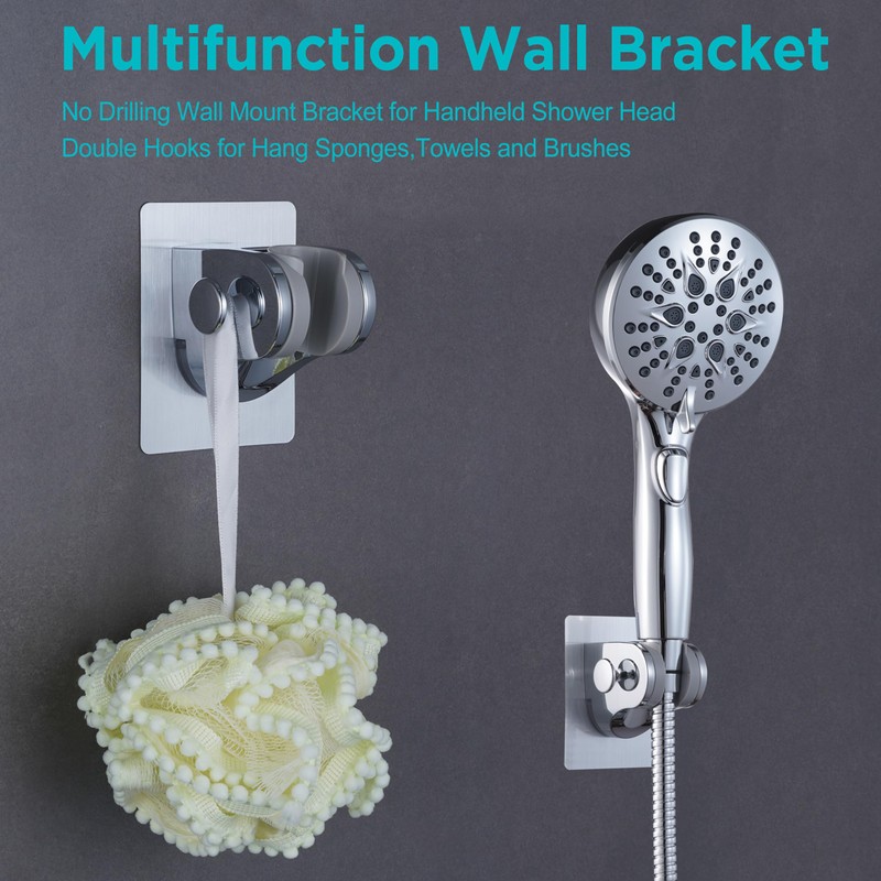 GwernKB Handheld Shower Head Holder with 2 Hanger Hooks,Strong Adhesive&Waterproof