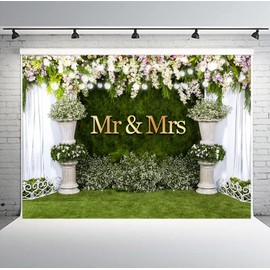 PHMOJEN 7x5ft Wedding Backdrop, Vinyl White Curtain Floral Grass Wall Mr and Mrs Photography Background, Banner Studio Props BJLSPH938