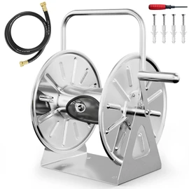 SPECILITE Stainless Steel Garden Hose Reel, Portable Outdoor Metal Wall Mount/Floor Spool, Holds 5/8 Inch 75ft Capacity, with 6ft Leader Water Pipe, UV Resistant Yard, Patio