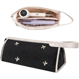 Large Quilted Hair Tools Travel Bag, Waterproof Aesthetic Hair Styling Accessories Storage Case for Flat Irons,Straightener,Curling Iron,Hair Dryer,Dyson Airwrap Travle Bag（02Black Bow）