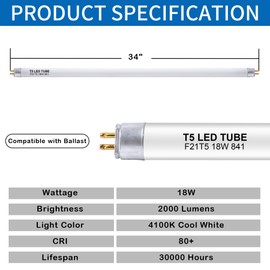Kixdorbol 34 Inch F21T5/CW LED Replacement Bulbs, 4100K Cool White, T5 LED 18 Watts Replace Fluorescent Bulb with LED, Replacement Tube for Counter and Cabinet Fixture, 4 Pack