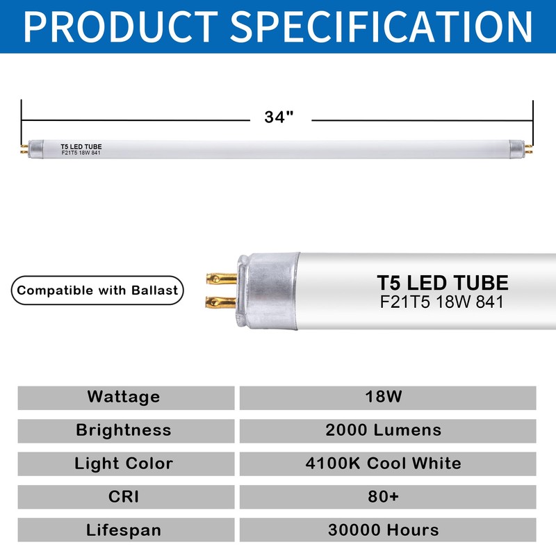 Kixdorbol 34 Inch F21T5/CW LED Replacement Bulbs, 4100K Cool White,