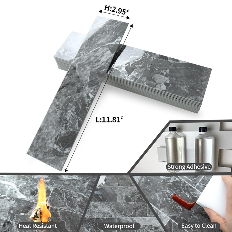 AULIGET 40-Piece Polished Grey Marble with Silver Peel and Stick