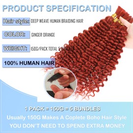 Human Braiding Hair 5 Bundles 20 inch Deep Wave Bulk Human Hair for Braiding Ginger Orange Human Hair Braiding Hair No Weft 100% Unprocessed 12A Human Braiding Hair for Boho Braids 150g/Pack 350#