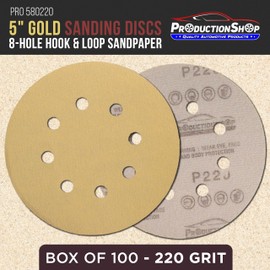 ProductionShop Premium 220 Grit 5" Gold Sanding Discs, 8-Hole Pattern, Box of 100 - Dustless Hook & Loop Backing Sandpaper for DA & Random Orbital Sanders, Sand Auto Paint, Wood Woodworking Furniture