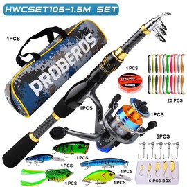 PROBEROS 1.5m-2.4m Fishing Rod and Reel Combo Kit Spinning Fishing Reel and Spinning Rods Fishing Line Lure Bag Hooks Full Set fishing gear surf fishing reel  pancing  murah - Color: 1.5m Full Kit