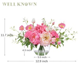 Artificial Flowers in Vase, WELL KNOWN Silk Hydrangea Bouquet and Peonies Artificial Flowers Table Centerpieces with Faux Water for Home Decor Fake Tulips Flower Arrangements for Table Decor (Fuchsia)