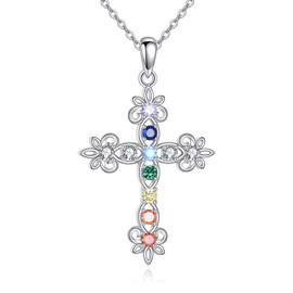 URONE Cross Chakra Chain 925 Sterling Silver 7 Chakra Cross Pendant Necklace Chakra Cross Jewellery Spiritual Gifts for Women, No Gemstone