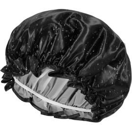 Large Shower Cap for Women, Reusable Waterproof Bath Shower Caps Double Layer Bathing Shower Hat Elastic Band Satin Bonnets Bath Hair Caps for Women (Black, One Size)