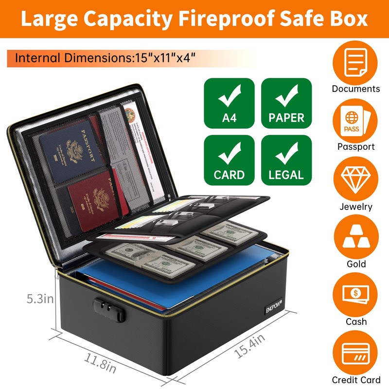 ENGPOW Fireproof Document Box,Hard Fireproof Box with Fireproof Zipper＆Lock,Fireproof Water