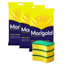 Shopping Sky Marigold Gloves Medium x3 & Kitchen Sponges Bundle x5 – Durable Rubber Gloves Medium & Non-Scratch Scourers – Perfect Washing Up Gloves Medium