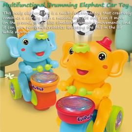 Miracland Drumming Elephant Car Toy, Multifunctional Elephant Musical Toy Blow Floating Ball Toy Elephant Tricycle Toy with Universal Wheel, Lights and Music, 2 Foam Balls (Blue)