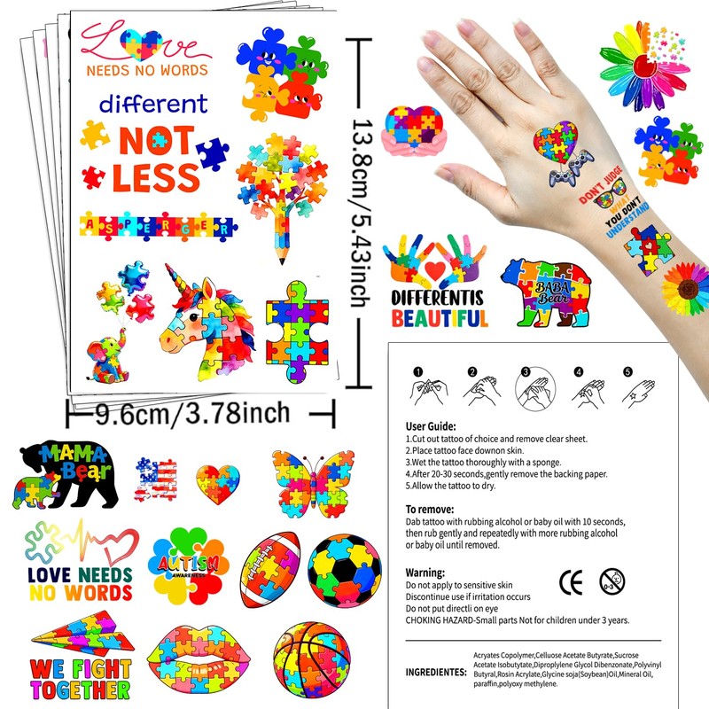20 Sheets 172 Pcs World Autism Awareness Ribbon Temporary Tattoos